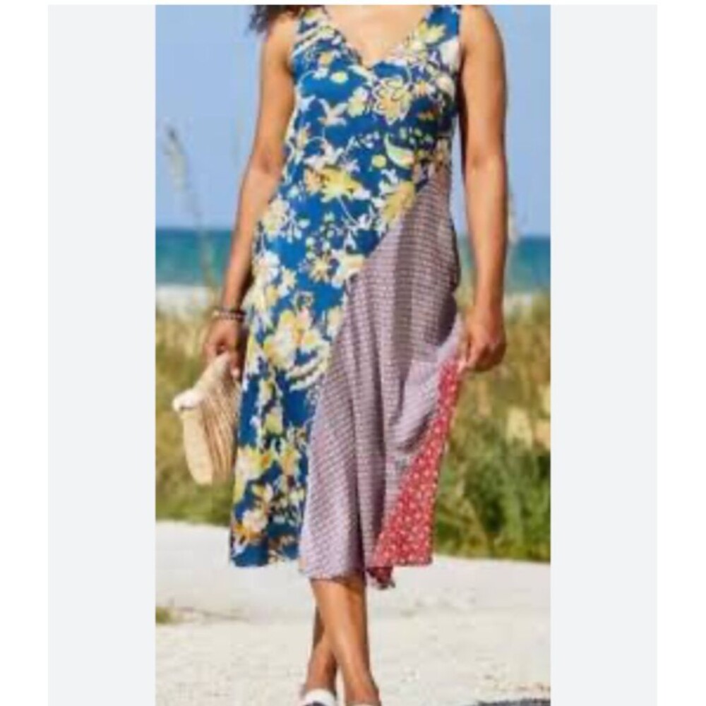 Melloday V-Neck Sleeveless Mixed Floral Pieced Midi Summer Dress  Size M  NWT